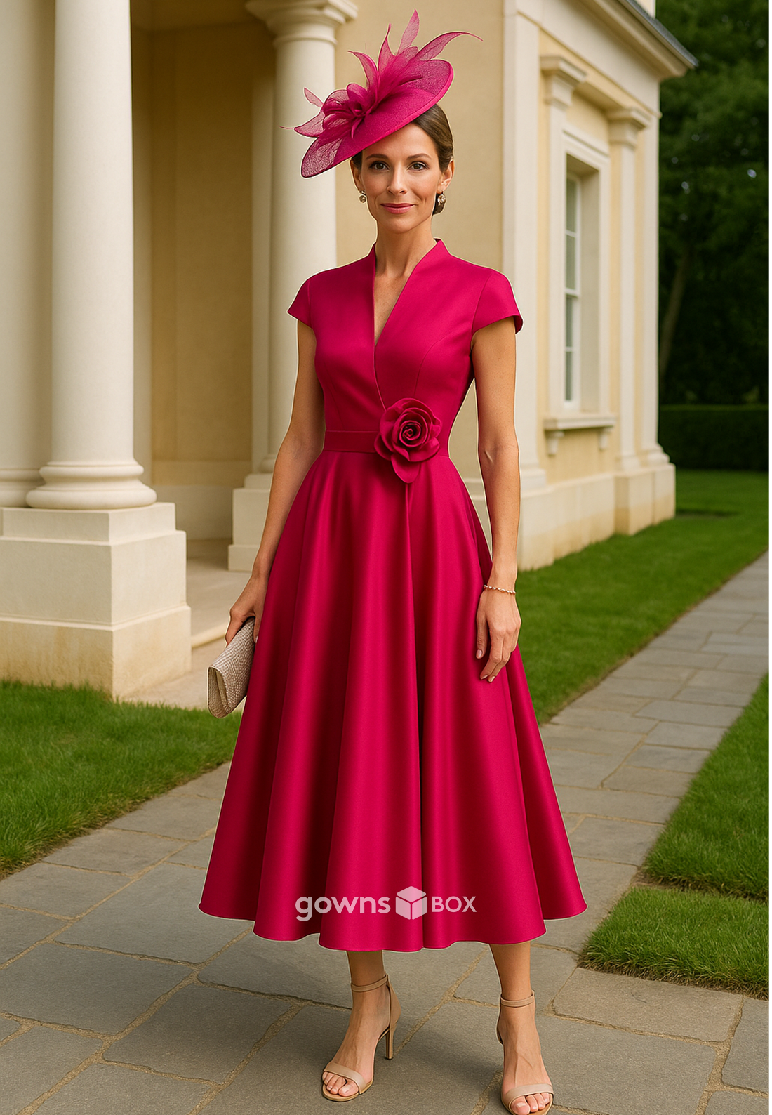 Cap Sleeves V-Neck Tea-Length Pleated A-Line Flower Satin Mother of th