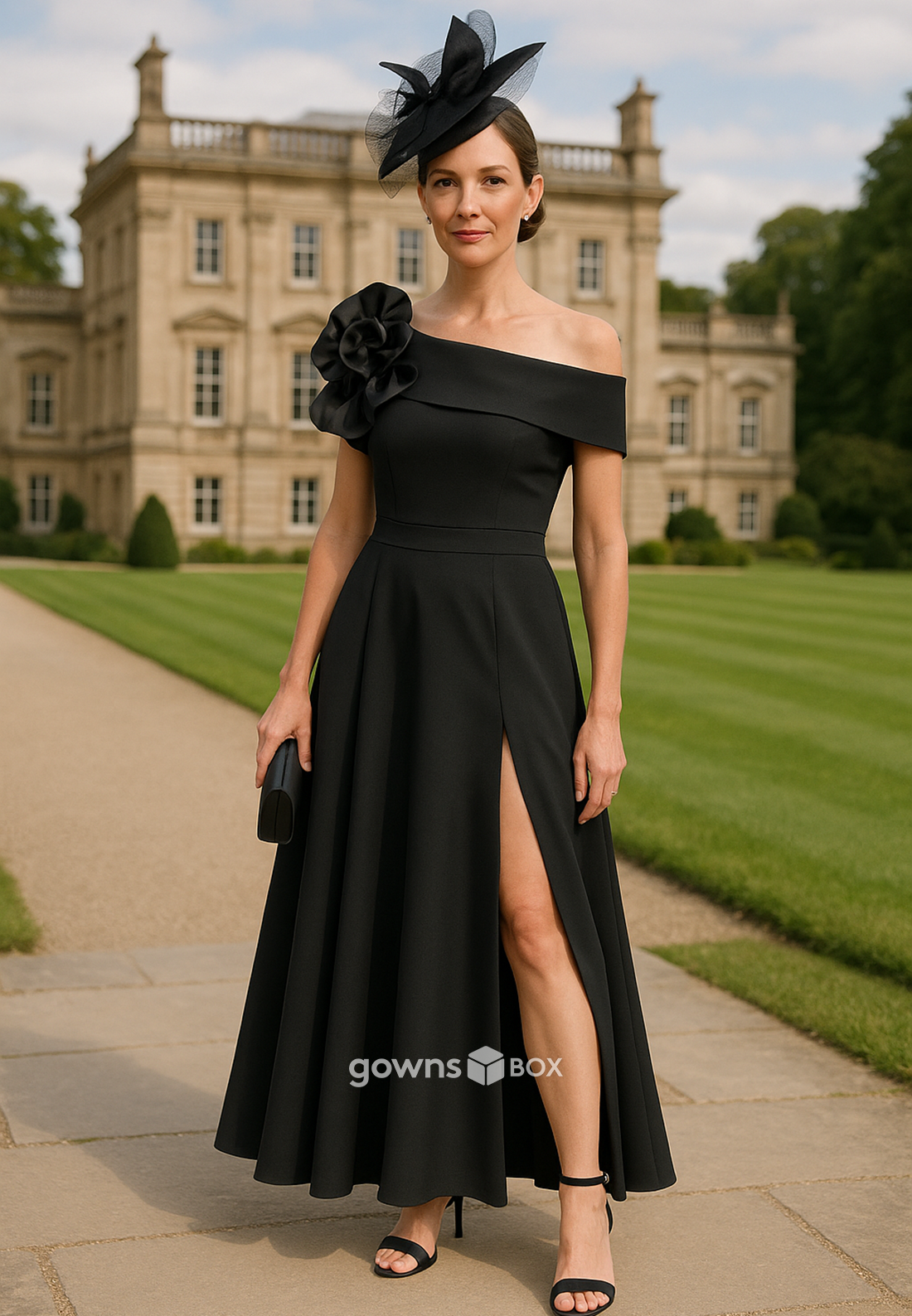 Side Slit One Shoulder Flower A-Line Pleated Ankle-Length Mother of the Bride Dresses