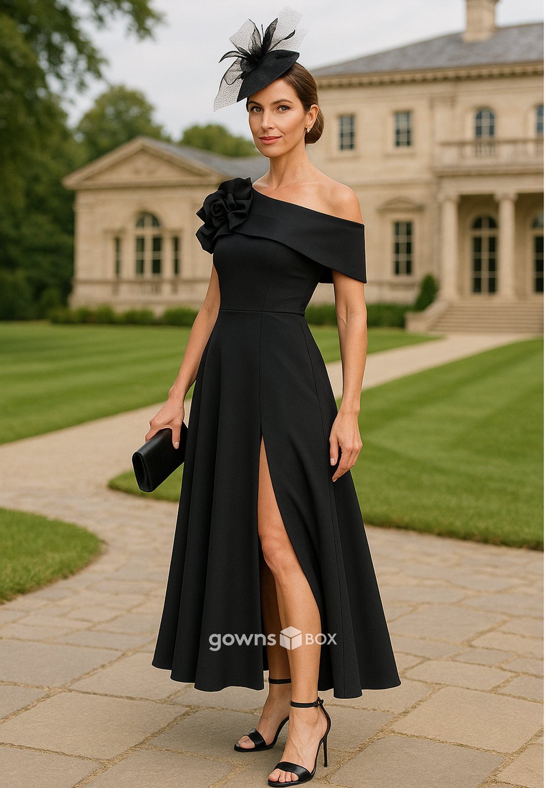 Side Slit One Shoulder Flower A-Line Pleated Ankle-Length Mother of the Bride Dresses