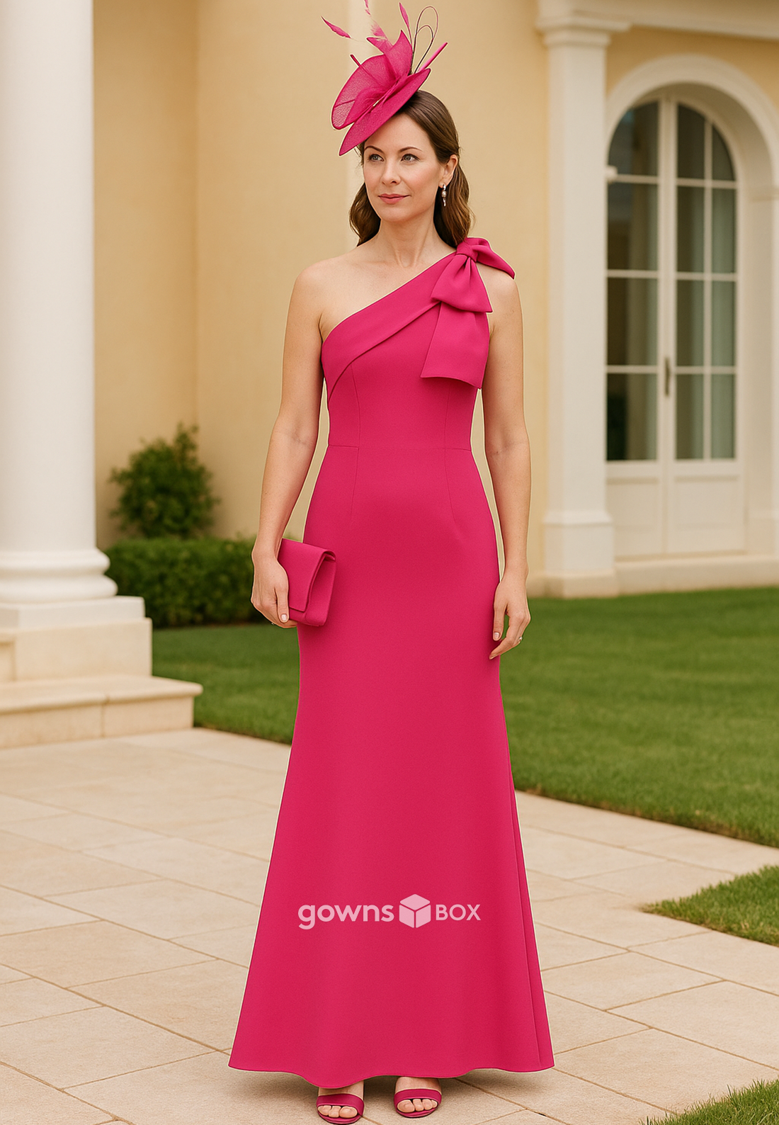One Shoulder Bowknot Trumpet Ankle-Length Pleated Mother of the Bride Dresses-GownsBox