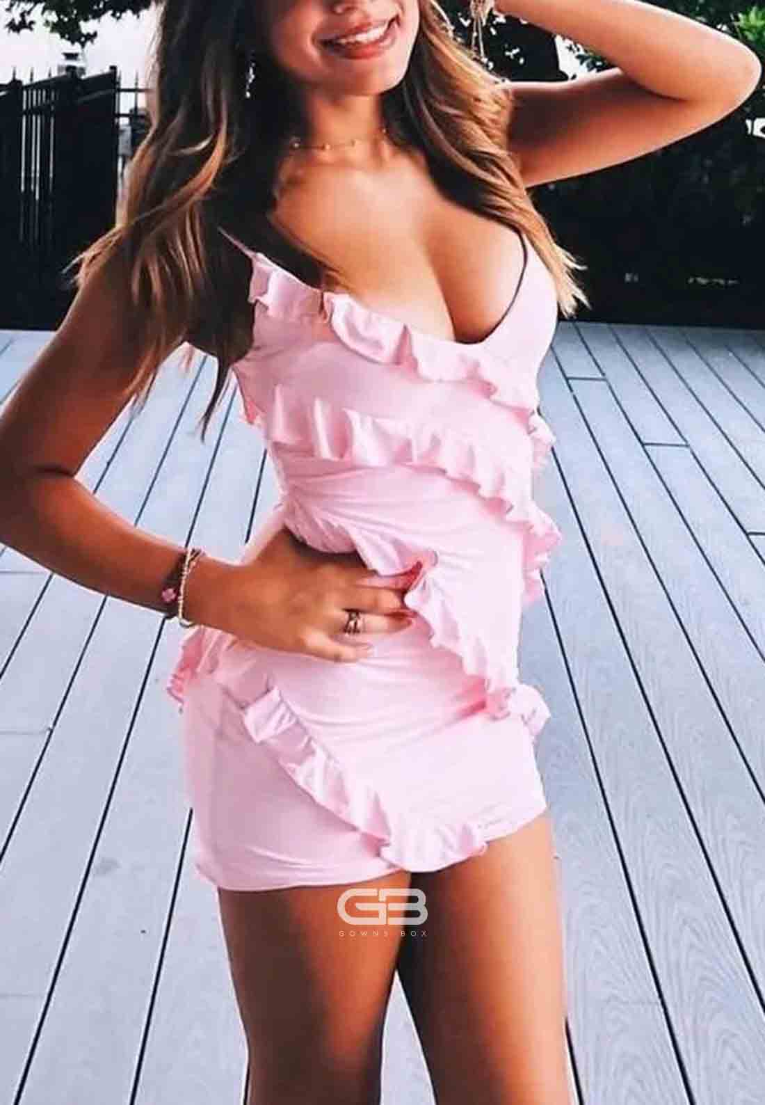 Chic Sheath Spaghetti Straps Pink Short Homecoming Dress with Ruffles