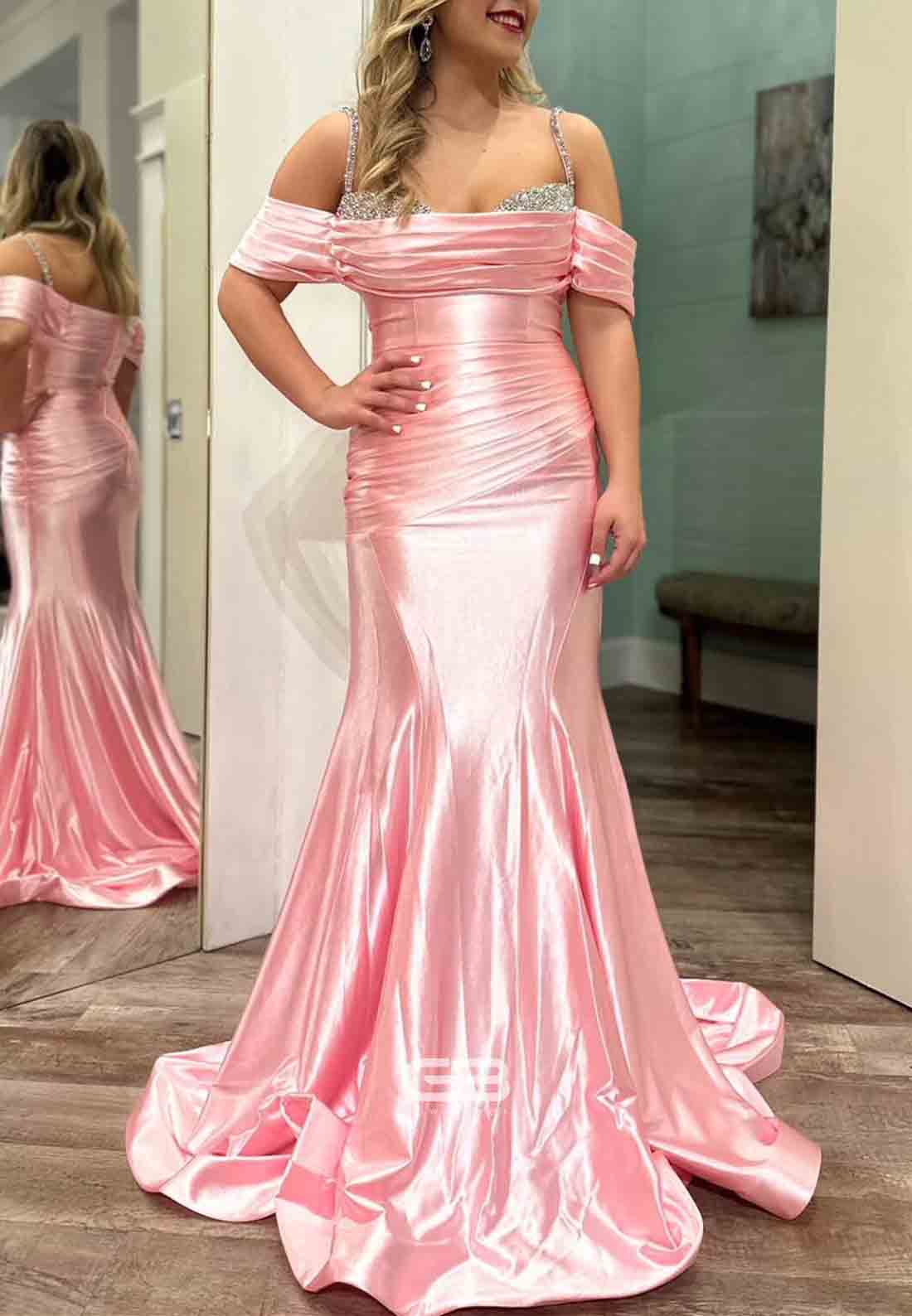 Cold Shoulder Pink Mermaid Long Dress with Beaded