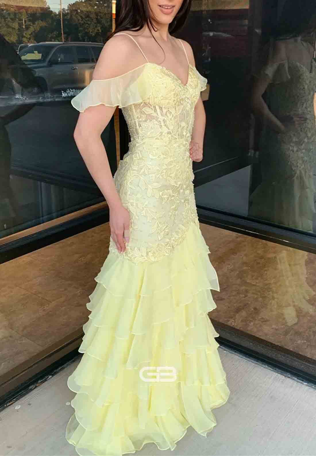 Cold Shoulder Yellow Appliques Tiered Long Dress