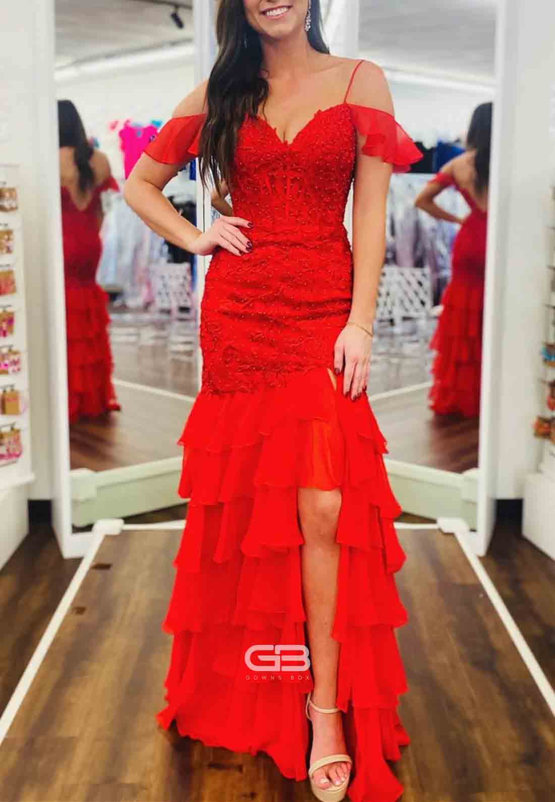 Cold Shoulder Yellow Appliques Tiered Long Dress