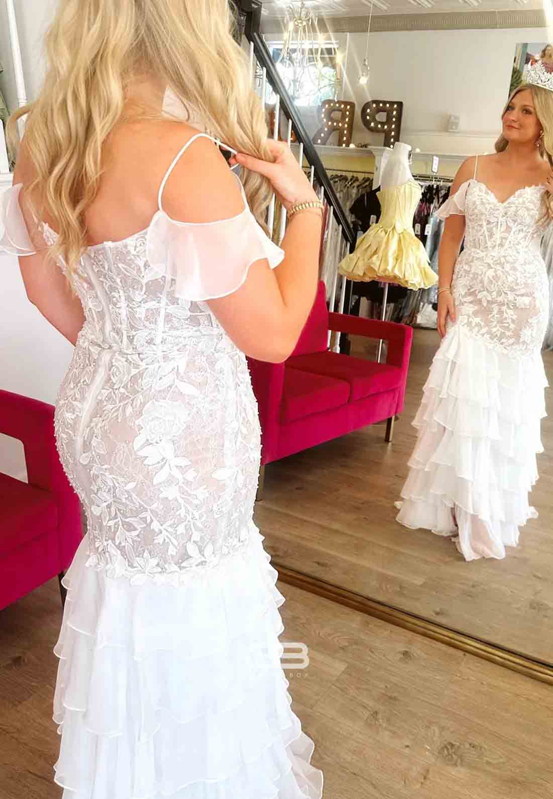 Cold Shoulder Yellow Appliques Tiered Long Dress