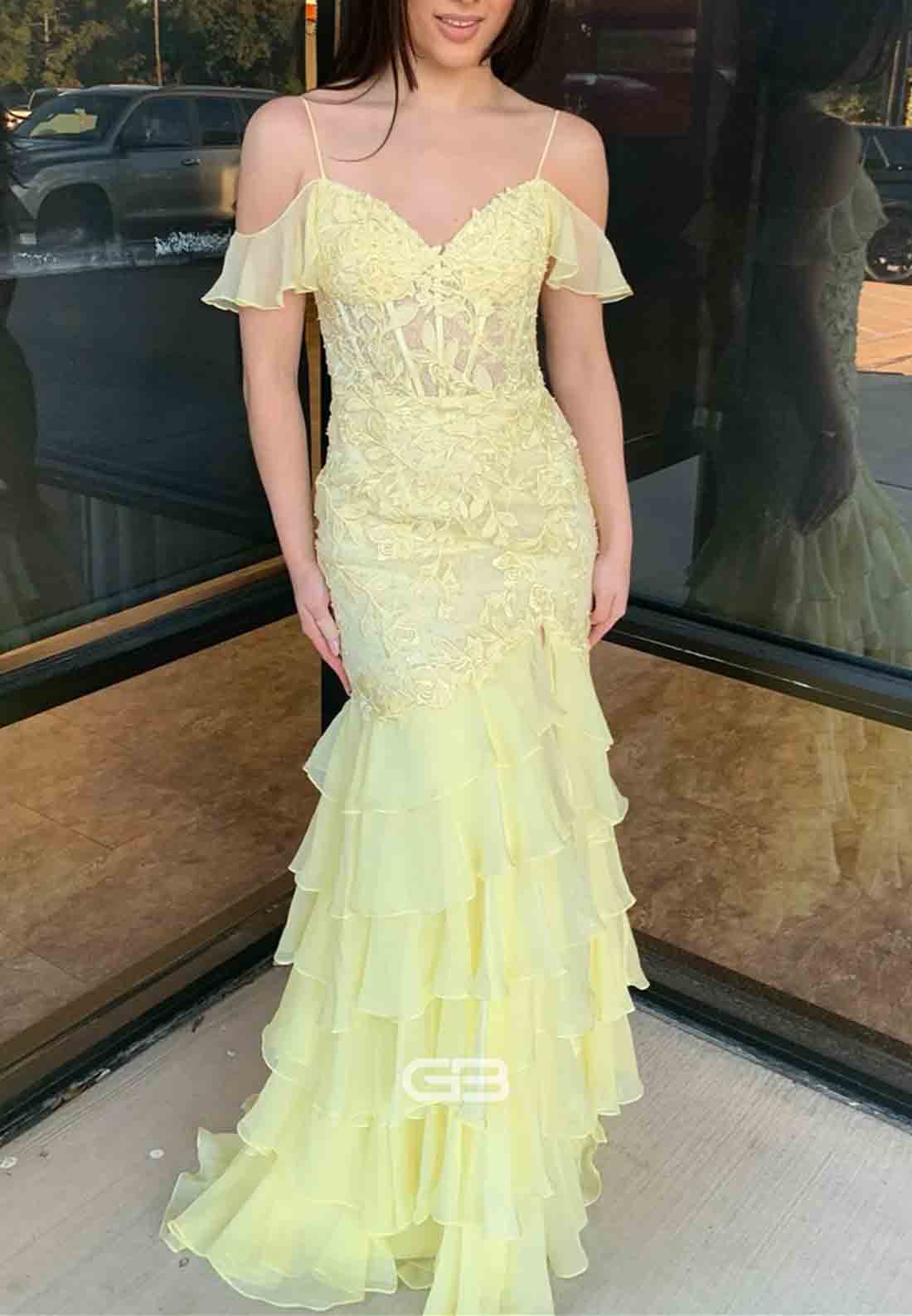 Cold Shoulder Yellow Appliques Tiered Long Dress