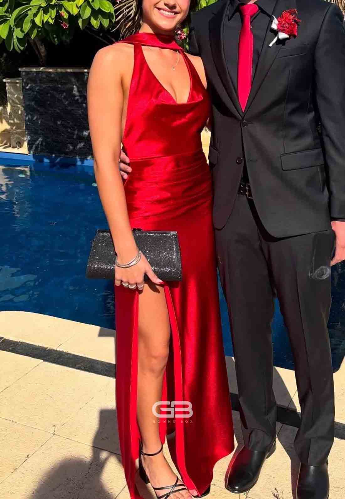 Elegant Cowl Neck Red Backless Long Prom Dress with Scarf