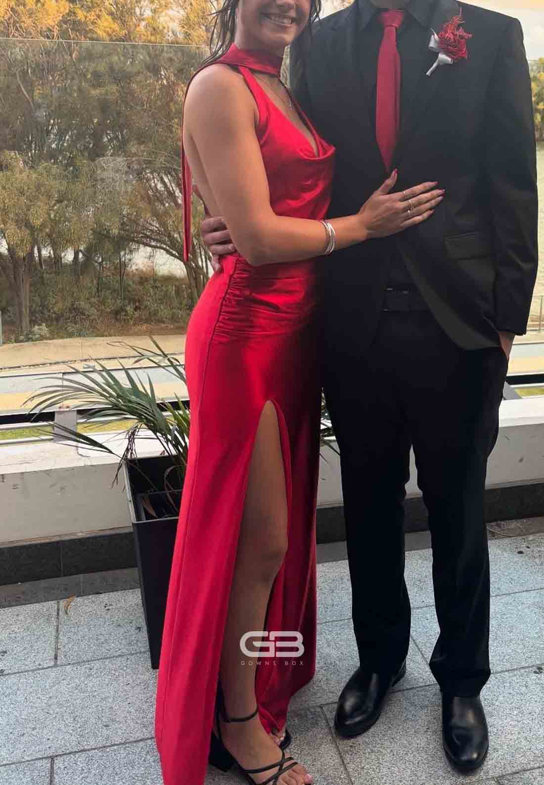 Elegant Cowl Neck Red Backless Long Prom Dress with Scarf