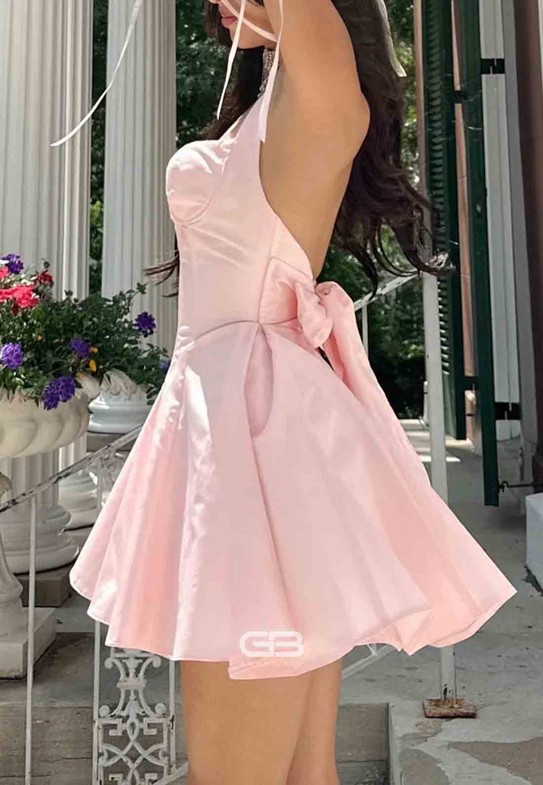 Cute Halter A Line Sweetheart Pink Short Homecoming Dress with Bowknot