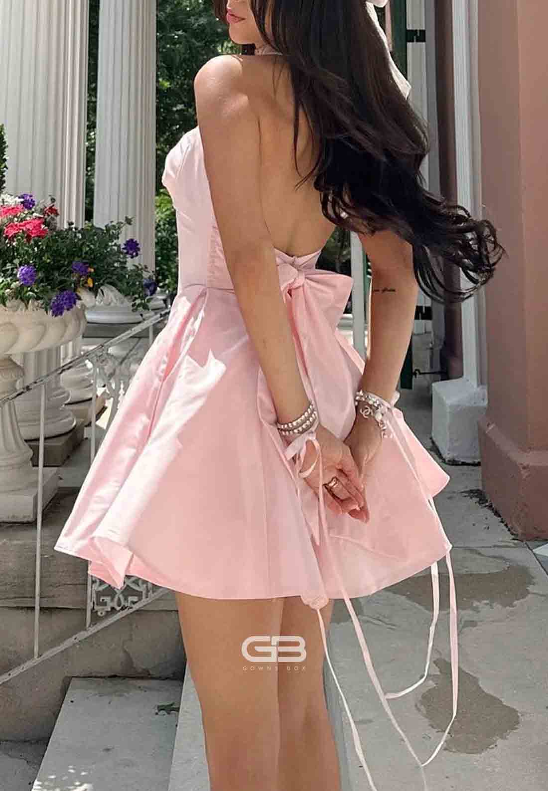 Cute Halter A Line Sweetheart Pink Short Homecoming Dress with Bowknot