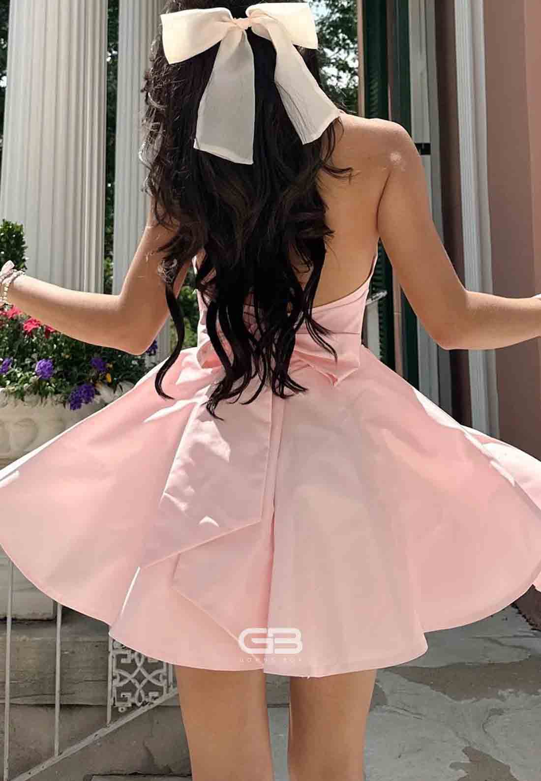 Cute Halter A Line Sweetheart Pink Short Homecoming Dress with Bowknot