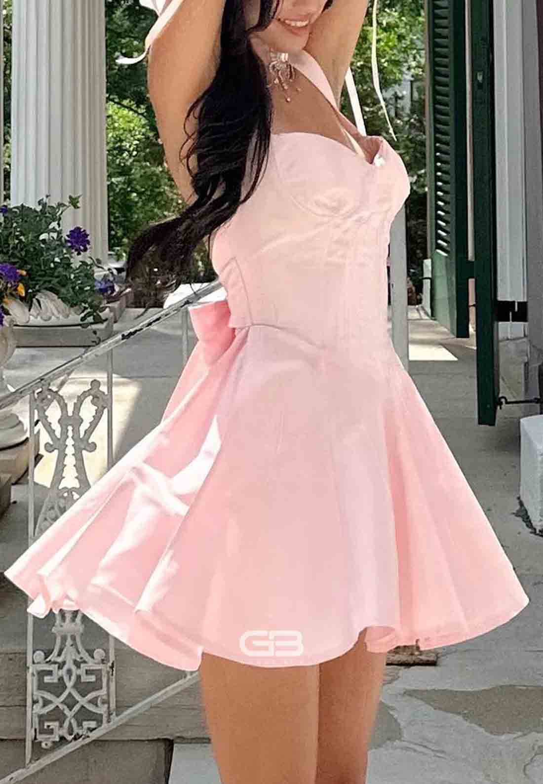 Cute Halter A Line Sweetheart Pink Short Homecoming Dress with Bowknot