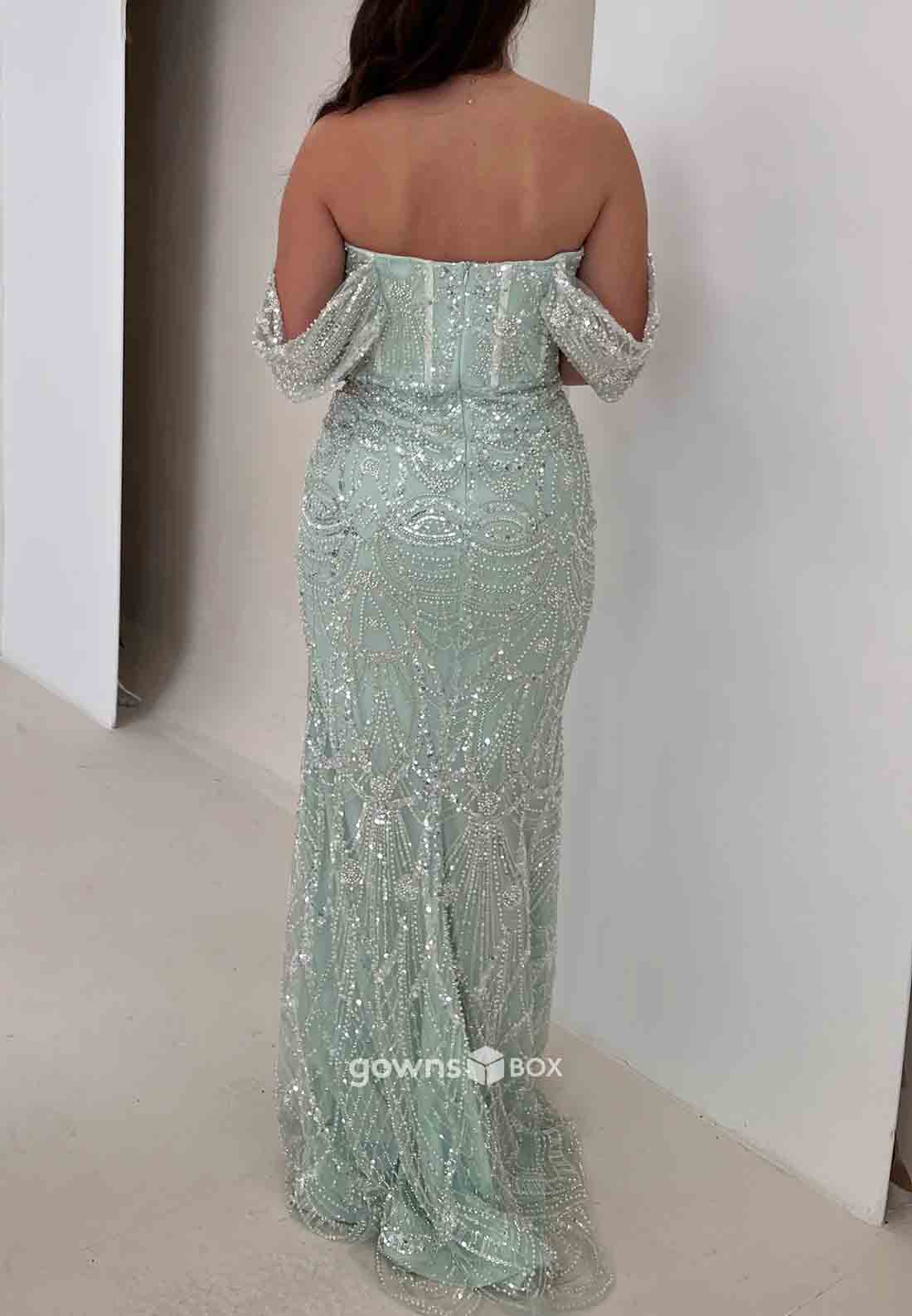 Off-Shoulder Beading Floor-Length Sweetheart Column Pleated Evening Gowns-GownsBox