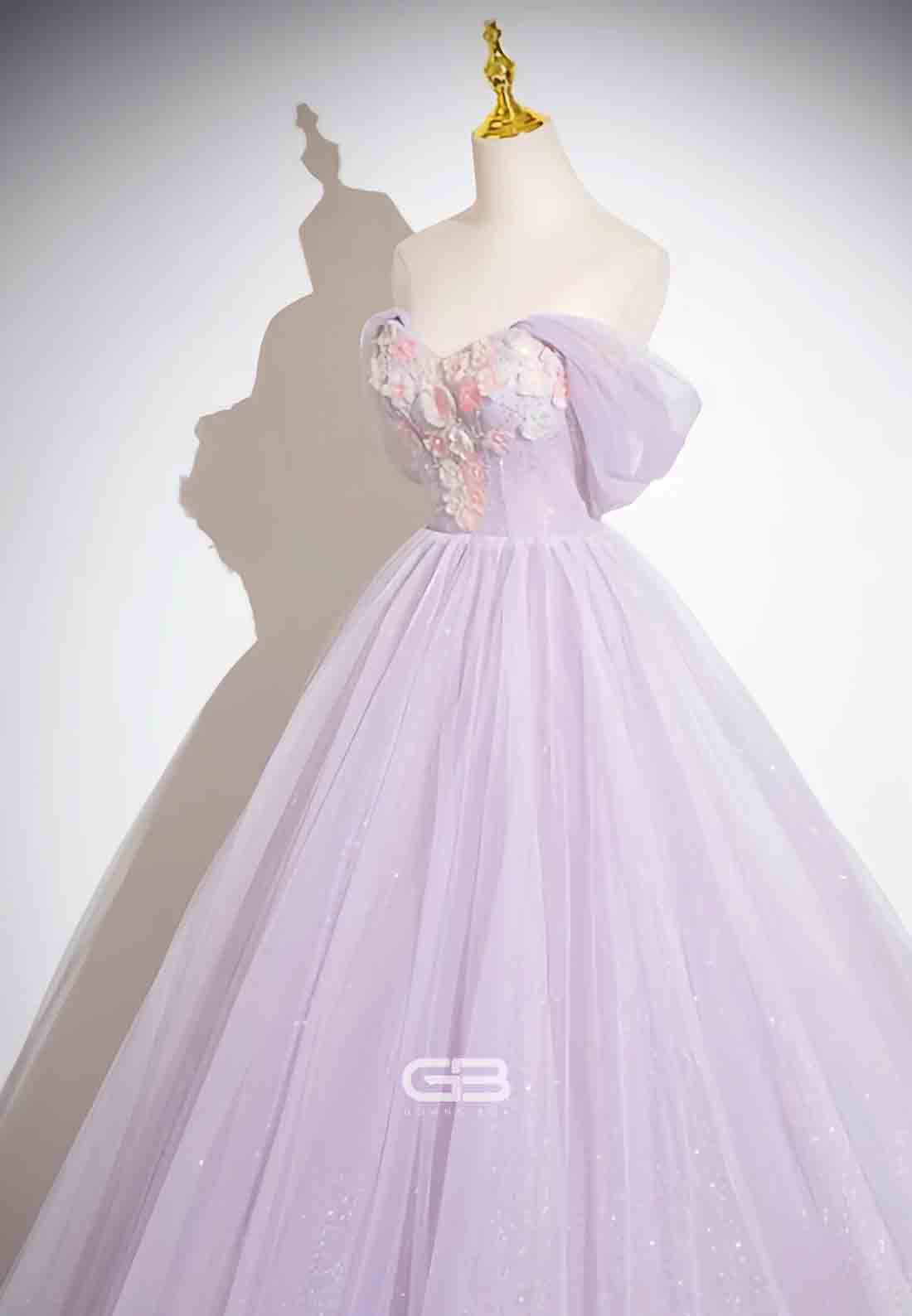 Lilac Glitter Detachable Empire Princess Prom Dress with 3D Flowers and Beading
