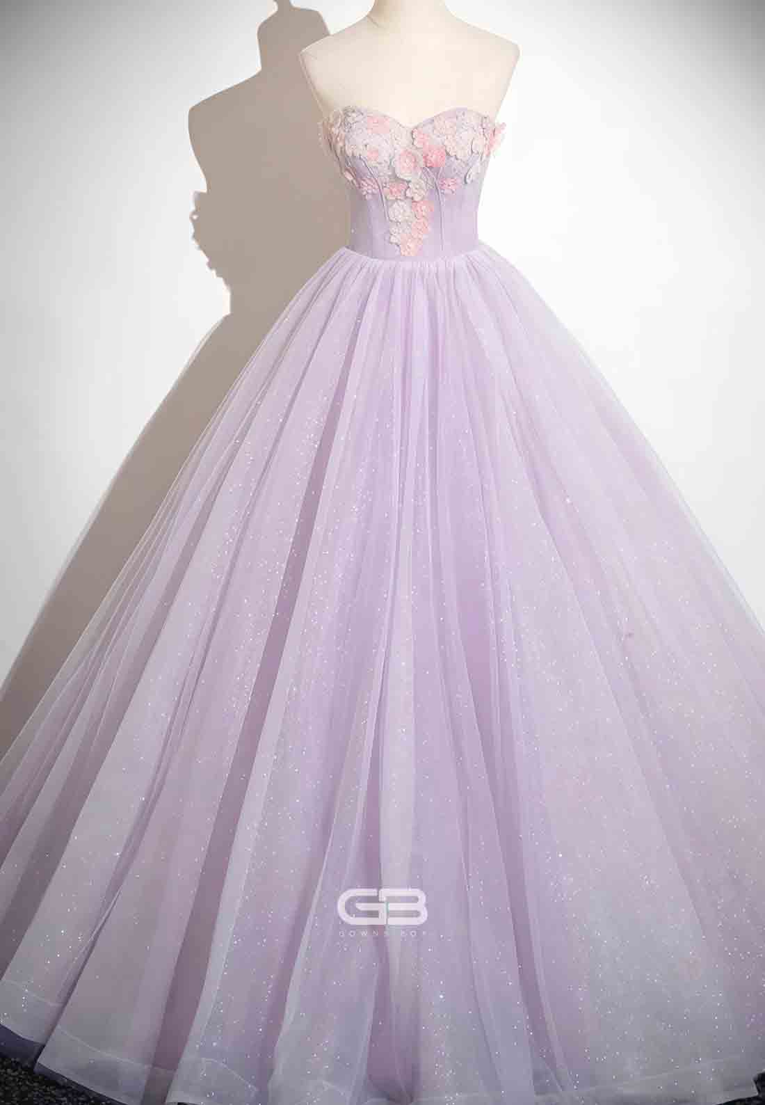 Lilac Glitter Detachable Empire Princess Prom Dress with 3D Flowers and Beading