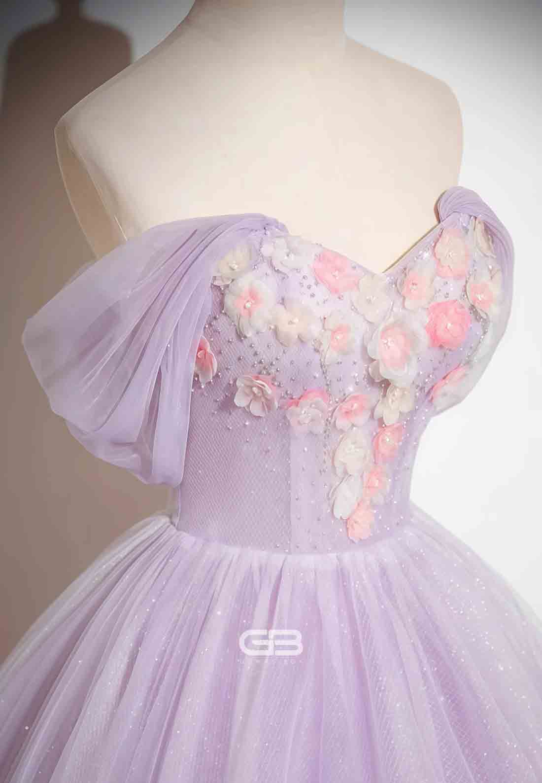 Lilac Glitter Detachable Empire Princess Prom Dress with 3D Flowers and Beading
