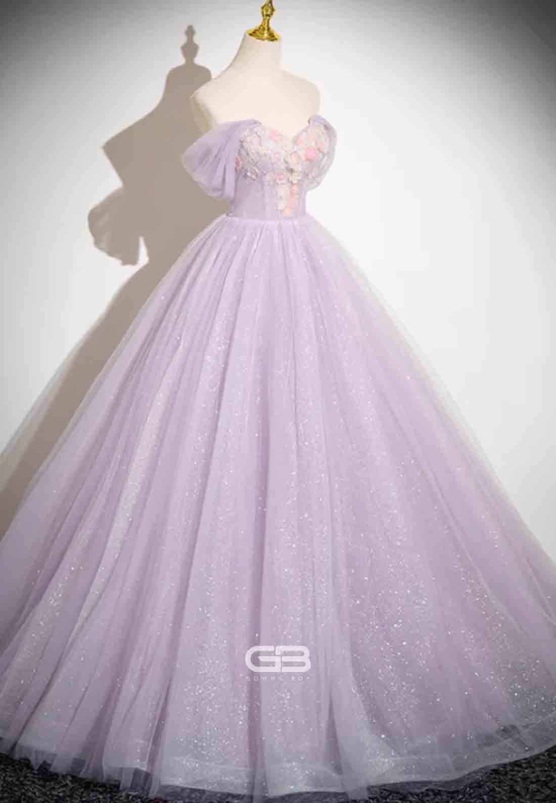 Lilac Glitter Detachable Empire Princess Prom Dress with 3D Flowers and Beading