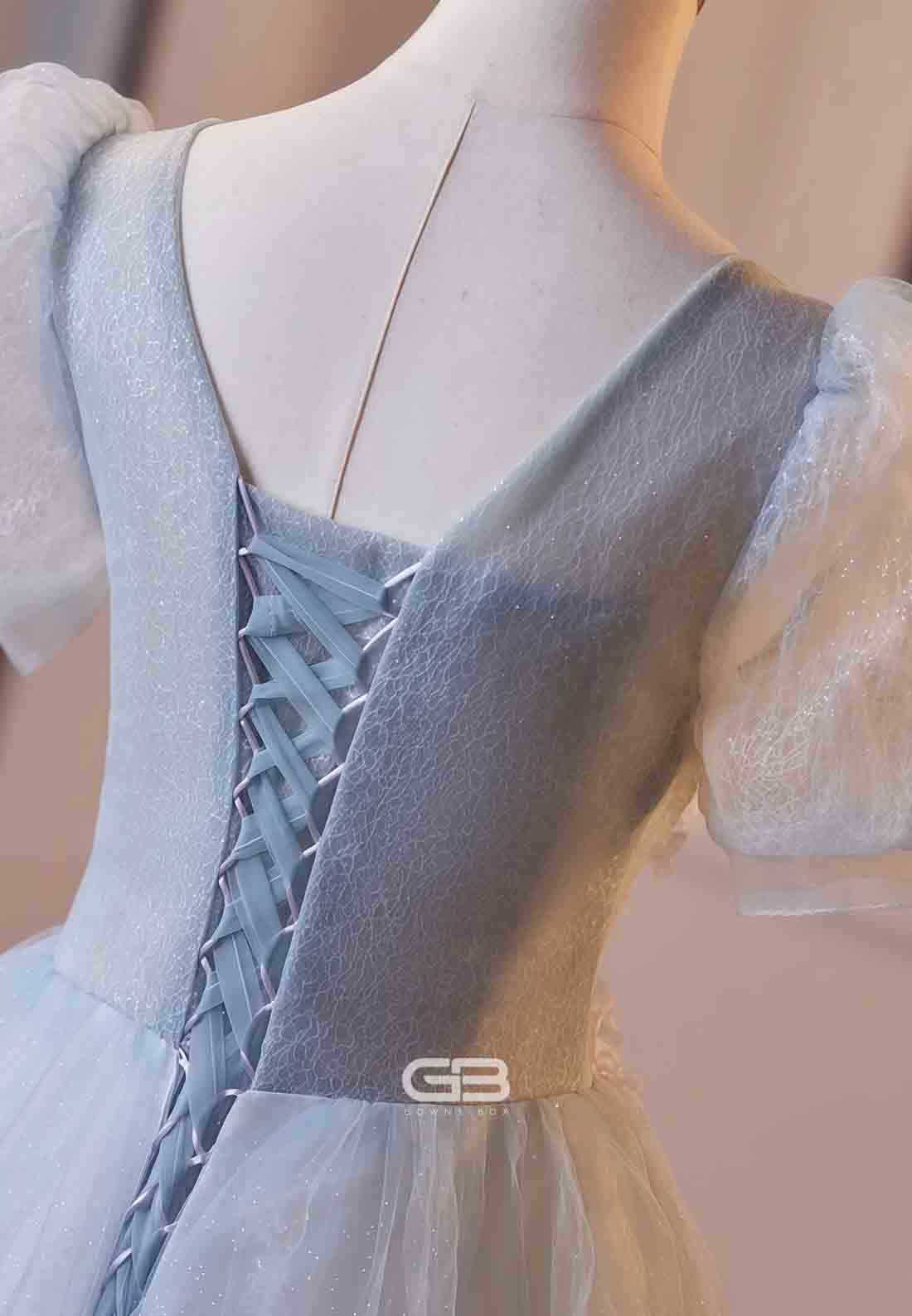 Floral Light Blue Tulle Puff Sleeves Princess Prom Dress with 3D Flowers