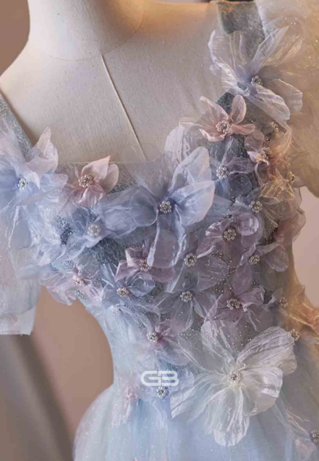 Floral Light Blue Tulle Puff Sleeves Princess Prom Dress with 3D Flowers