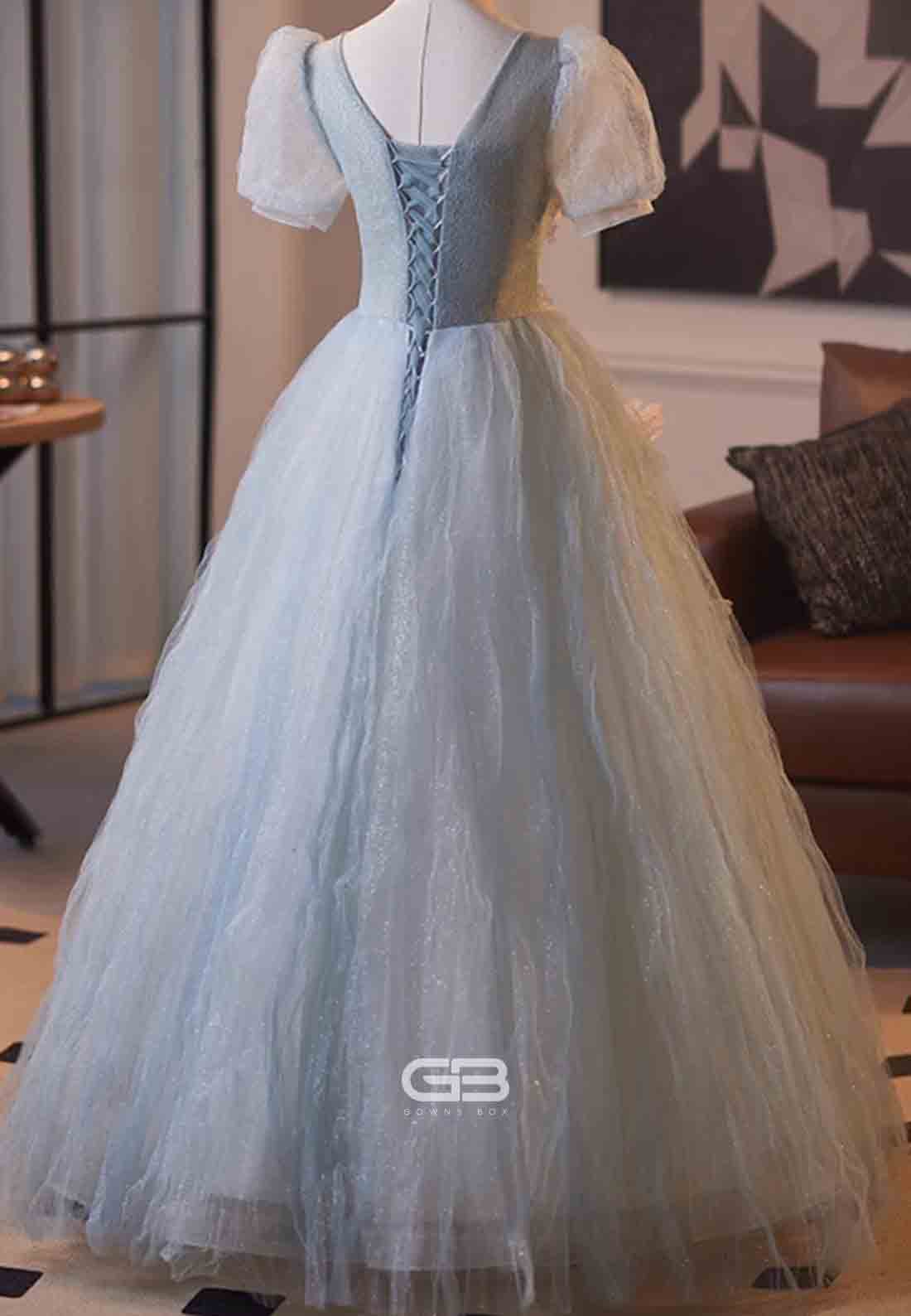 Floral Light Blue Tulle Puff Sleeves Princess Prom Dress with 3D Flowers