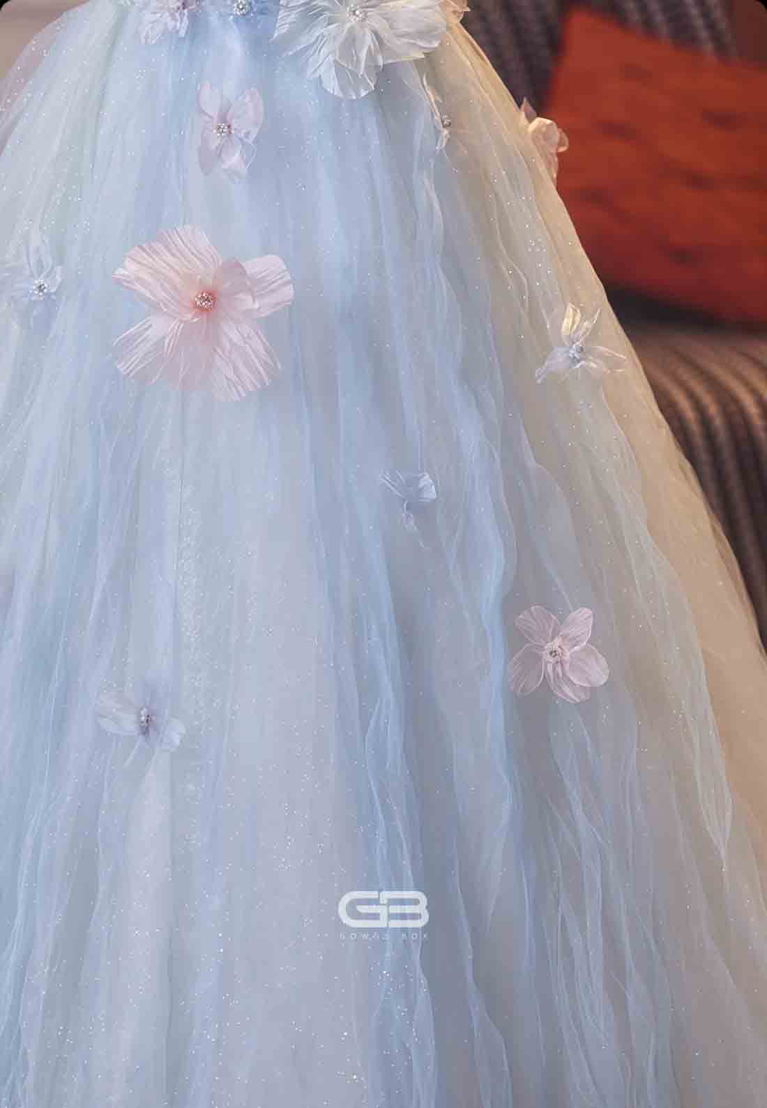 Floral Light Blue Tulle Puff Sleeves Princess Prom Dress with 3D Flowers