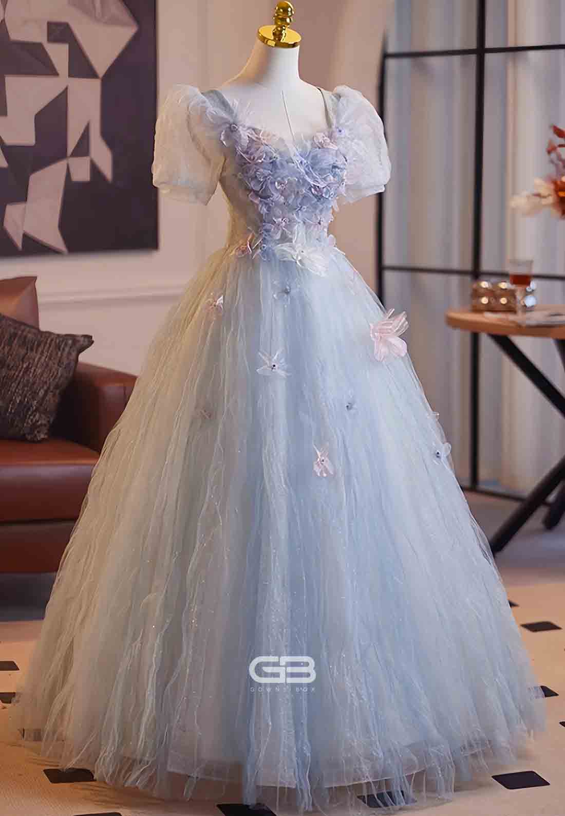 Floral Light Blue Tulle Puff Sleeves Princess Prom Dress with 3D Flowers