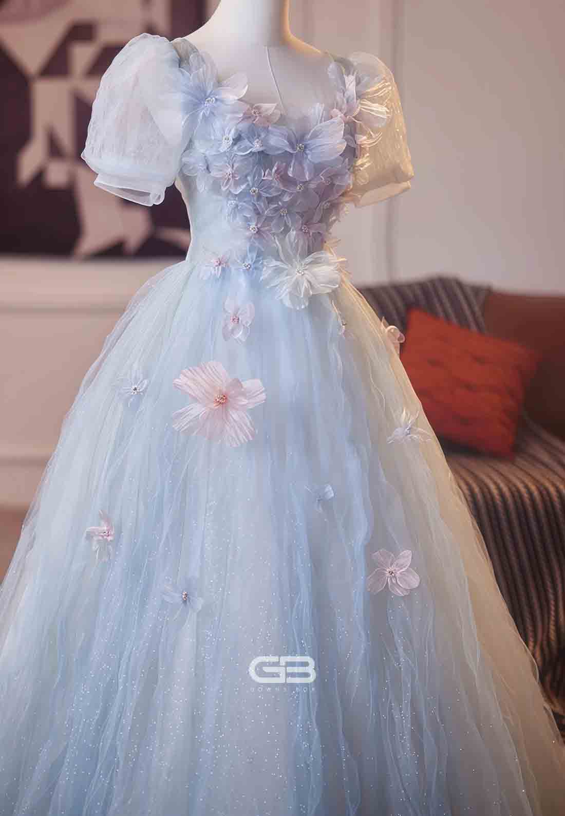 Floral Light Blue Tulle Puff Sleeves Princess Prom Dress with 3D Flowers