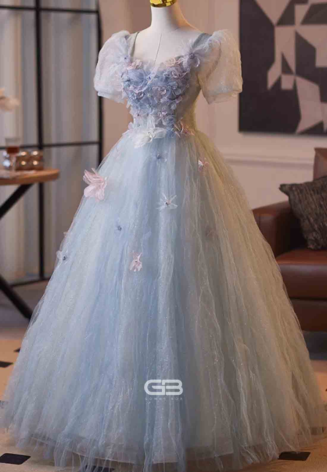 Floral Light Blue Tulle Puff Sleeves Princess Prom Dress with 3D Flowers