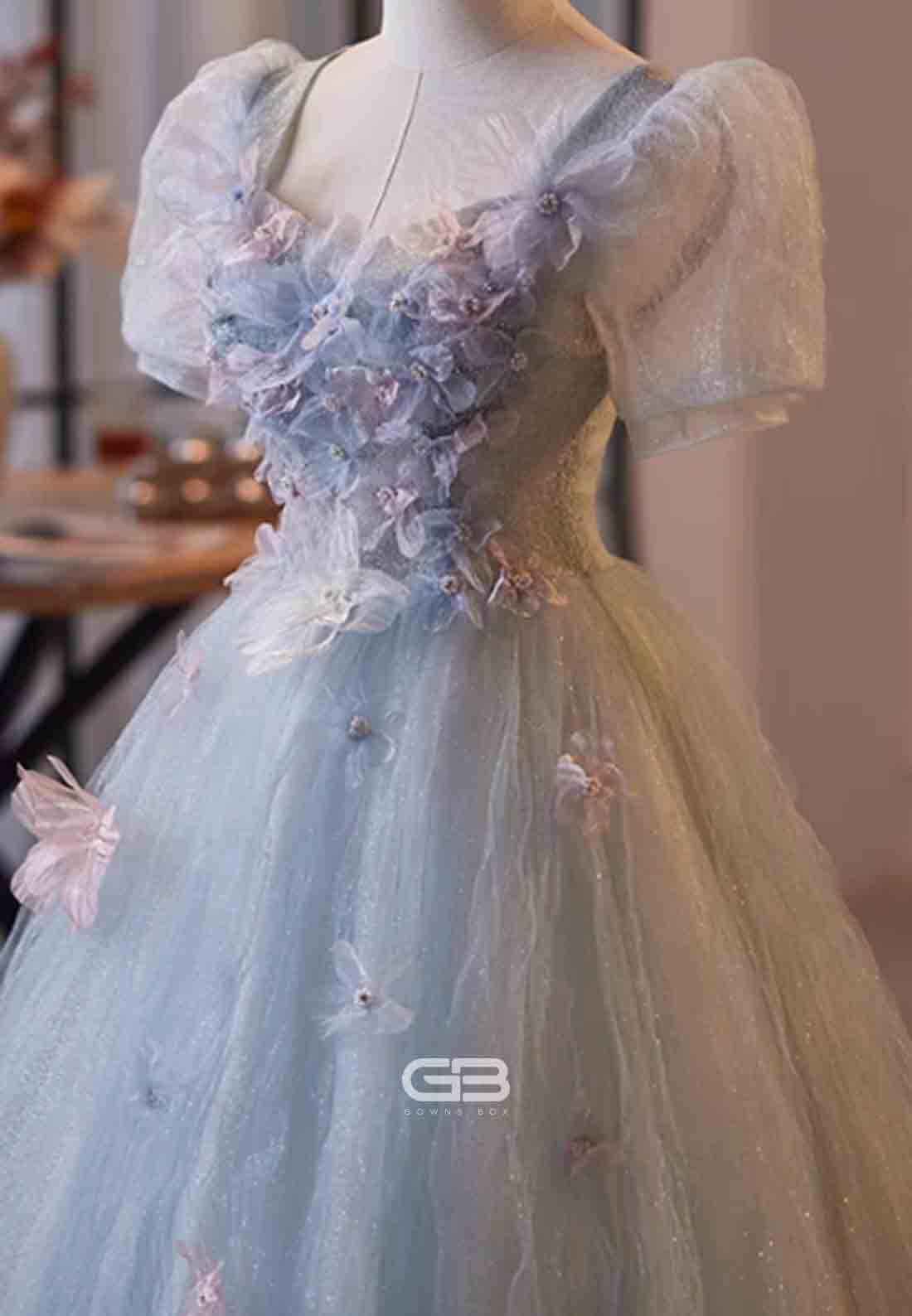 Floral Light Blue Tulle Puff Sleeves Princess Prom Dress with 3D Flowers