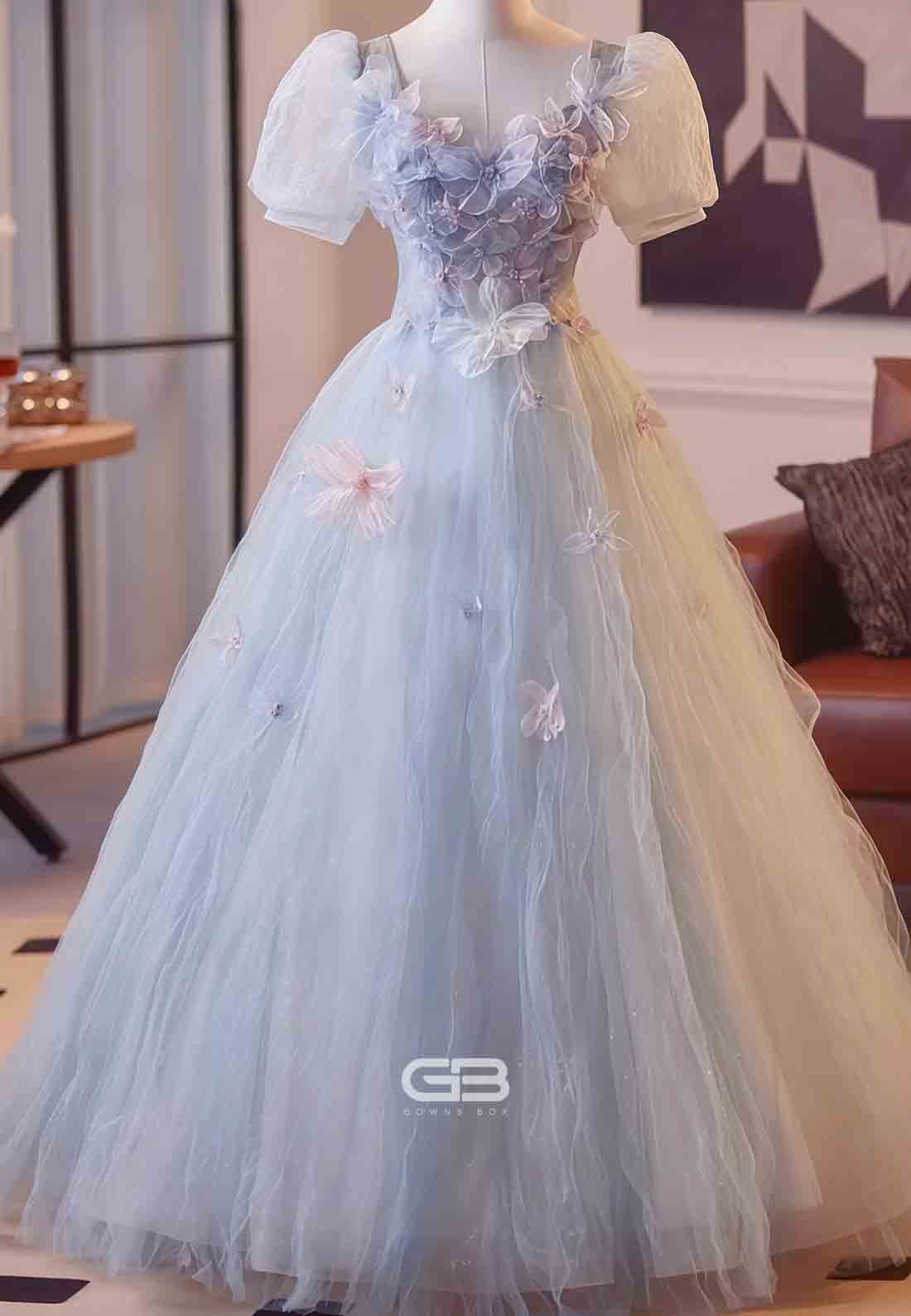 Floral Light Blue Tulle Puff Sleeves Princess Prom Dress with 3D Flowers