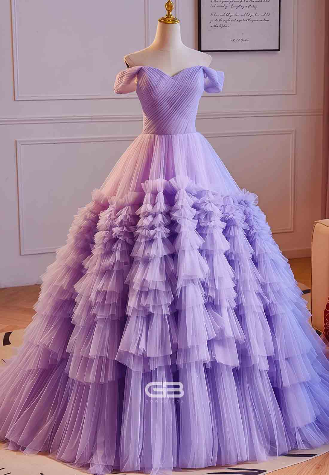 Elegant Violet Off the Shoulder Crisscross Back Princess Prom Dresses with Ruffles