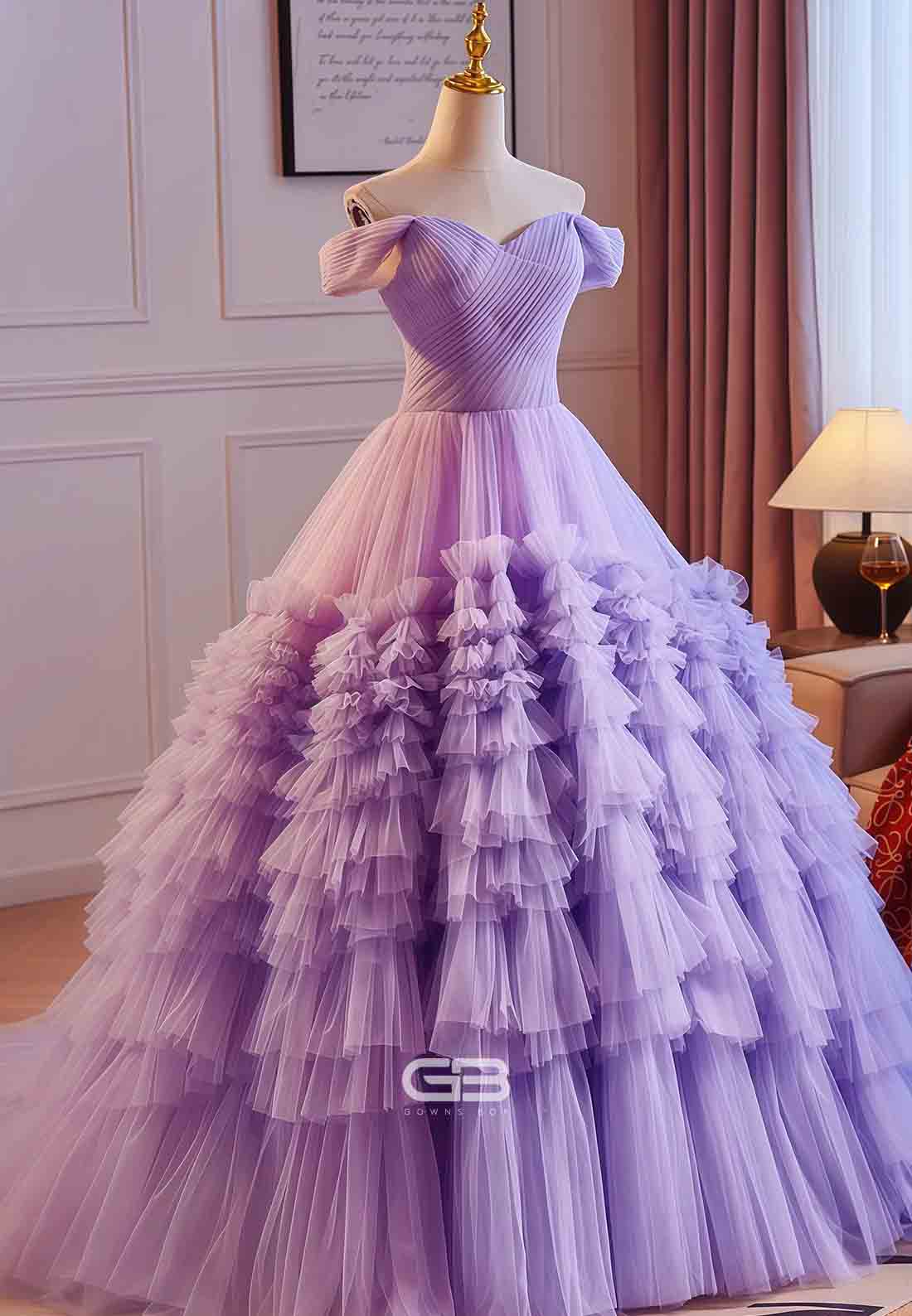 Elegant Violet Off the Shoulder Crisscross Back Princess Prom Dresses with Ruffles