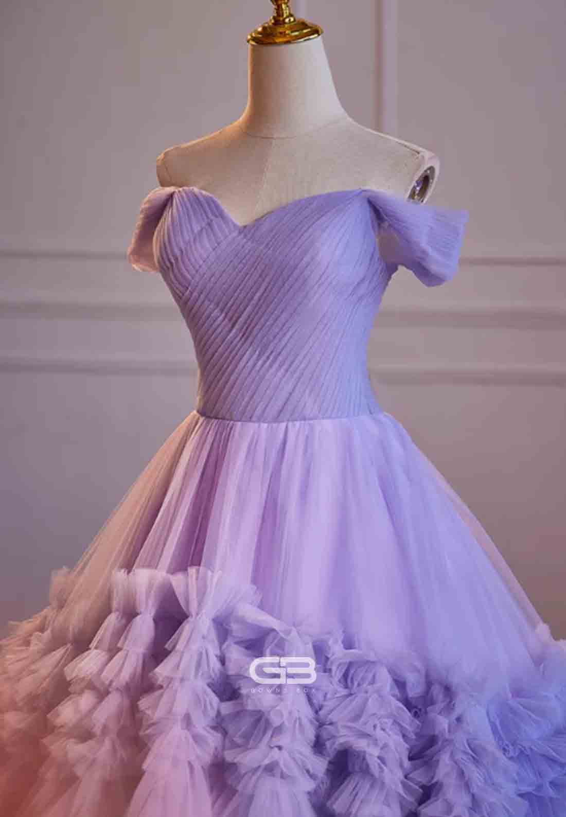 Elegant Violet Off the Shoulder Crisscross Back Princess Prom Dresses with Ruffles