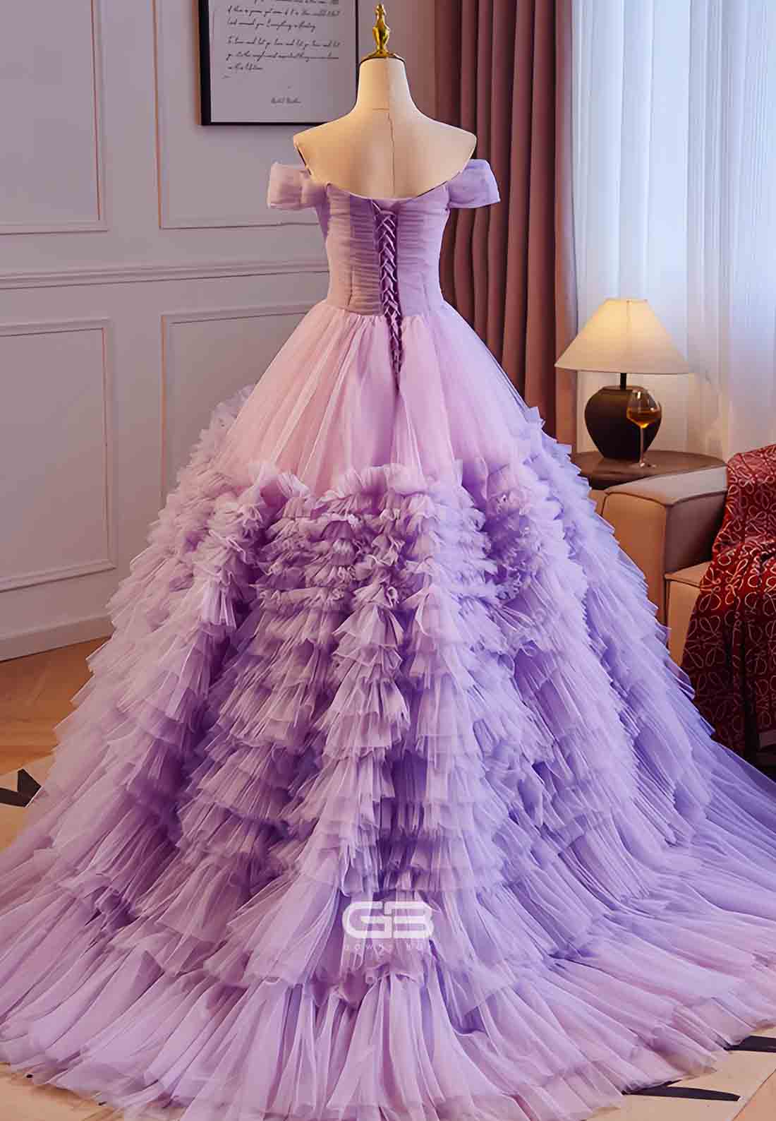 Elegant Violet Off the Shoulder Crisscross Back Princess Prom Dresses with Ruffles