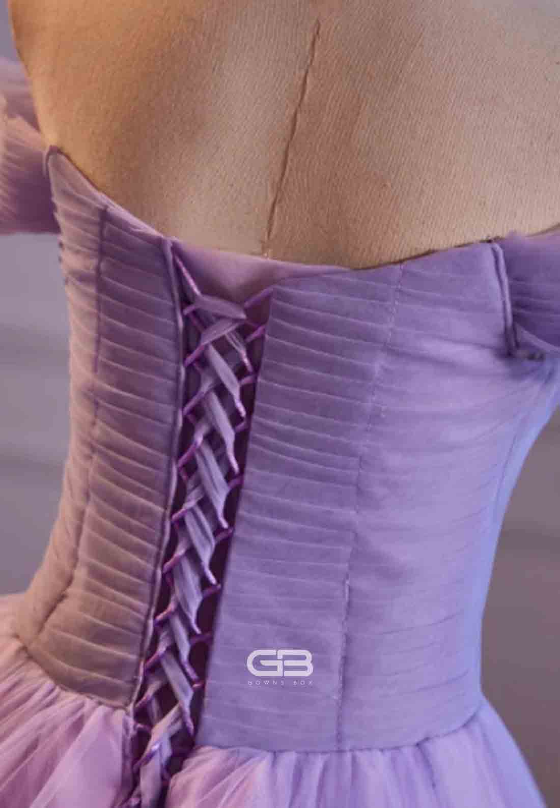 Elegant Violet Off the Shoulder Crisscross Back Princess Prom Dresses with Ruffles