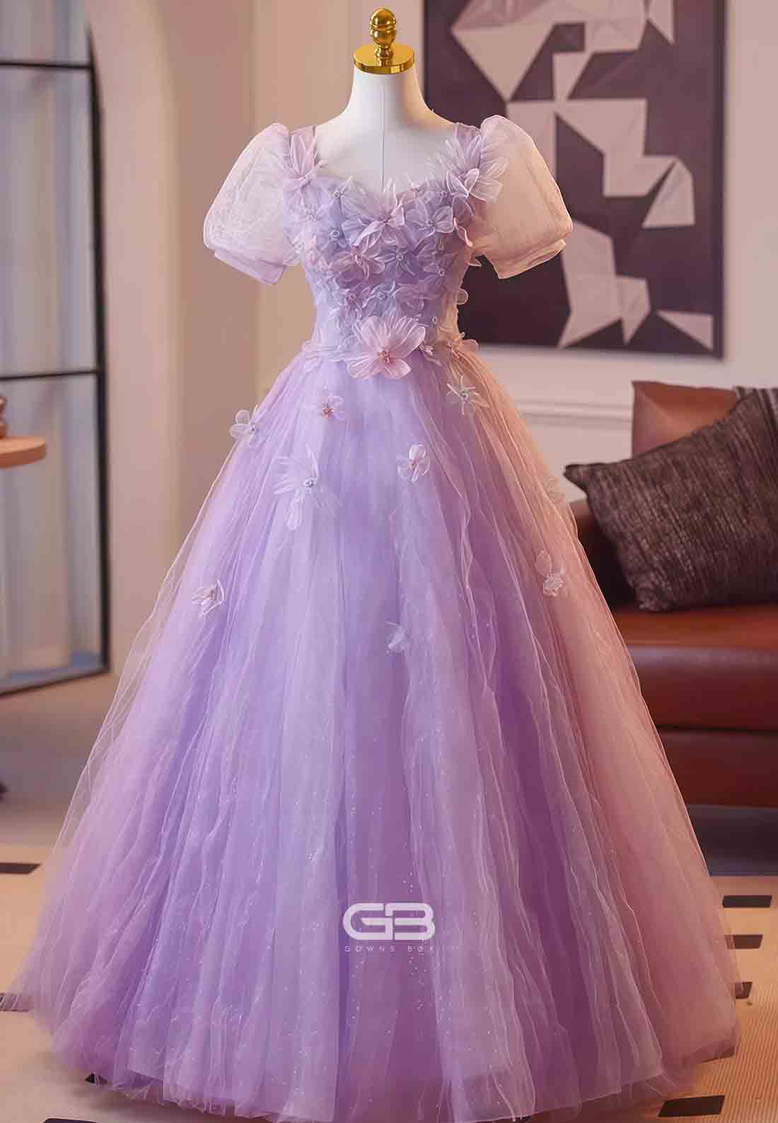 Floral Light Blue Tulle Puff Sleeves Princess Prom Dress with 3D Flowers