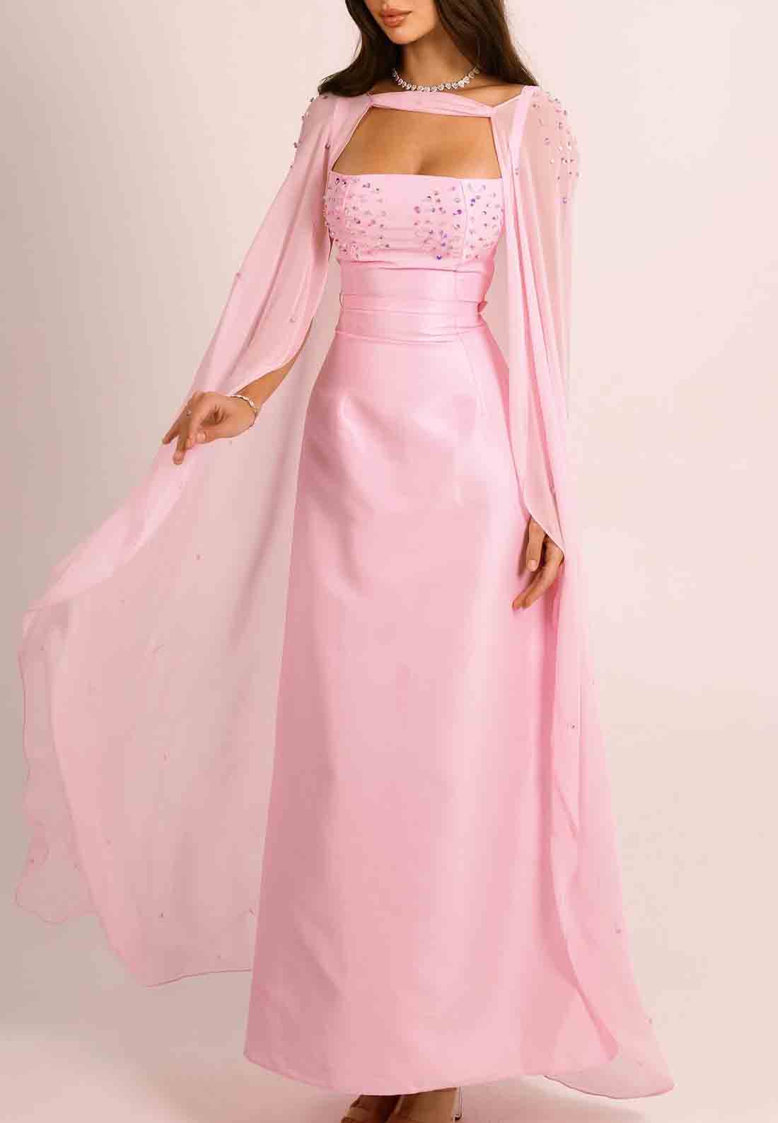 Pink Regular Straps Satin Square Neck Evening Gowns with Cape