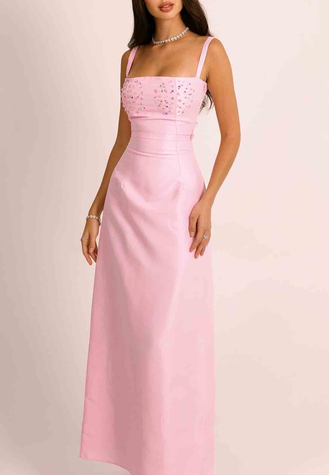 Pink Regular Straps Satin Square Neck Evening Gowns with Cape
