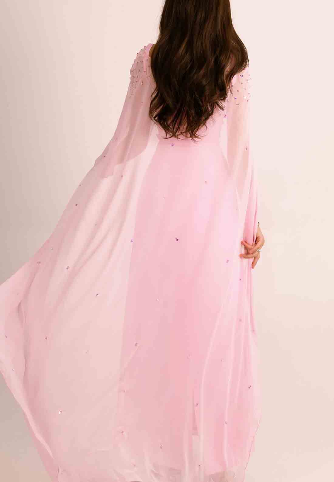 Pink Regular Straps Satin Square Neck Evening Gowns with Cape