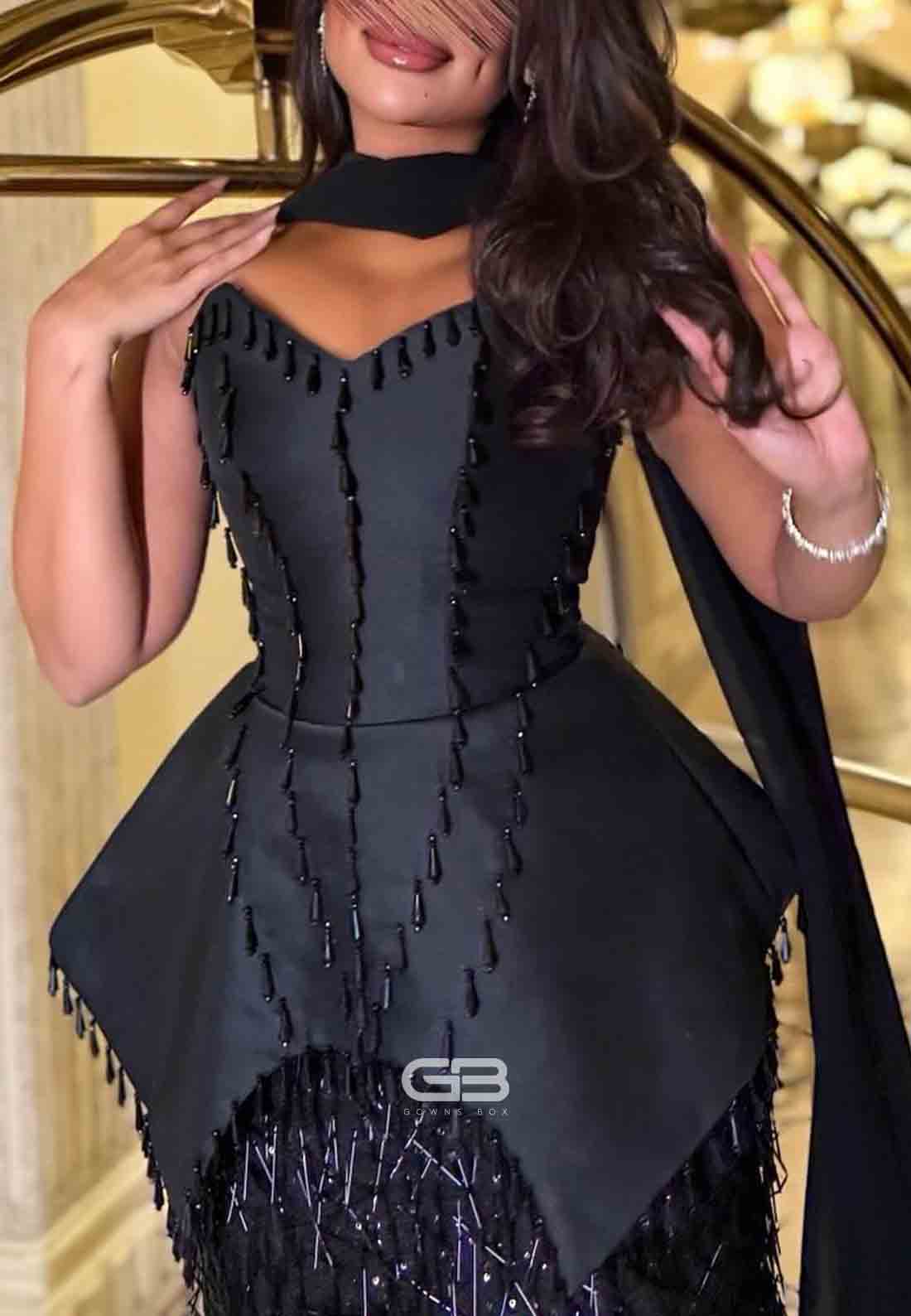 Black Strapless Column Corset Evening Gowns with Tassel