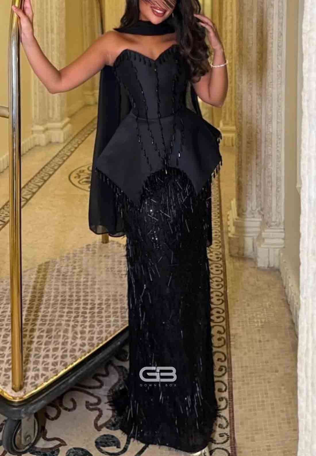 Black Strapless Column Corset Evening Gowns with Tassel