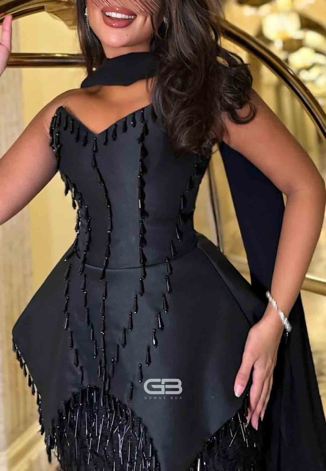 Black Strapless Column Corset Evening Gowns with Tassel