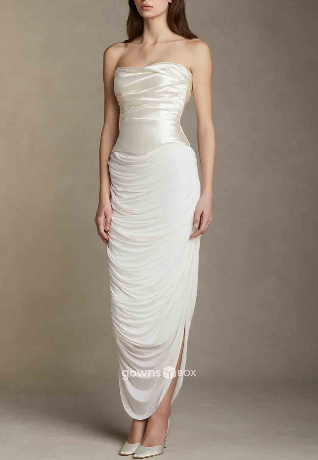 Satin Strapless Pleated Sleeveless Ankle-Length Ruched Sheath Wedding Dresses-GownsBox