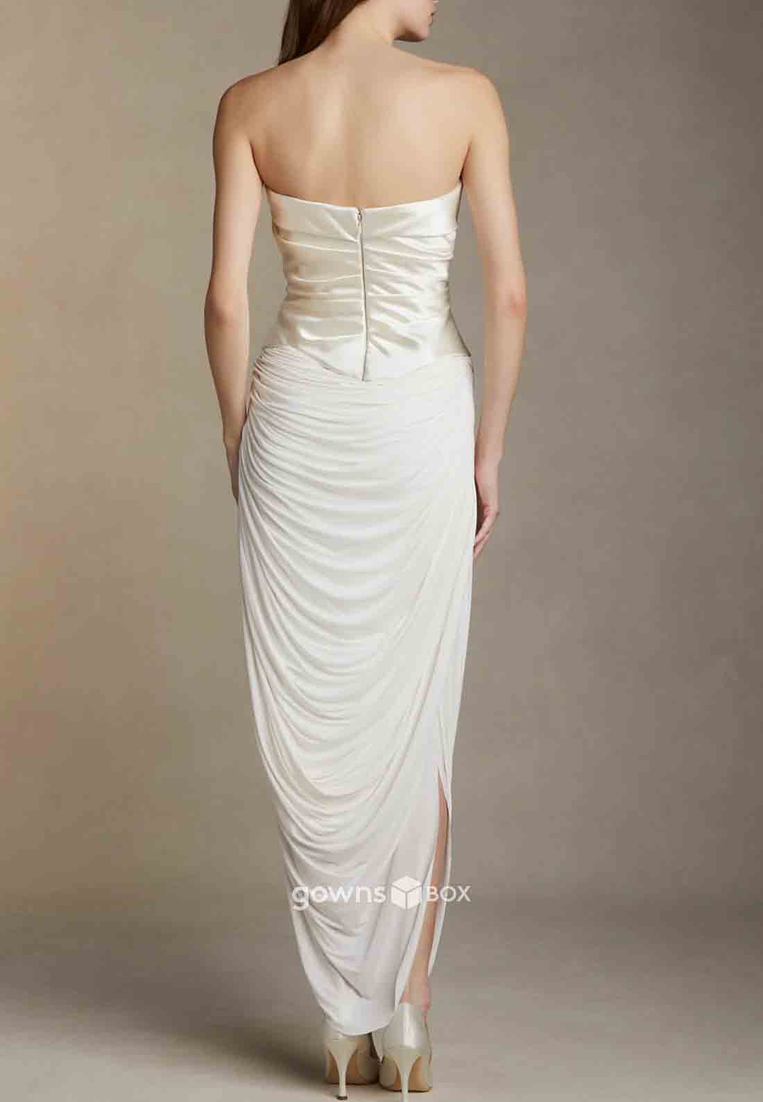 Satin Strapless Pleated Sleeveless Ankle-Length Ruched Sheath Wedding Dresses-GownsBox