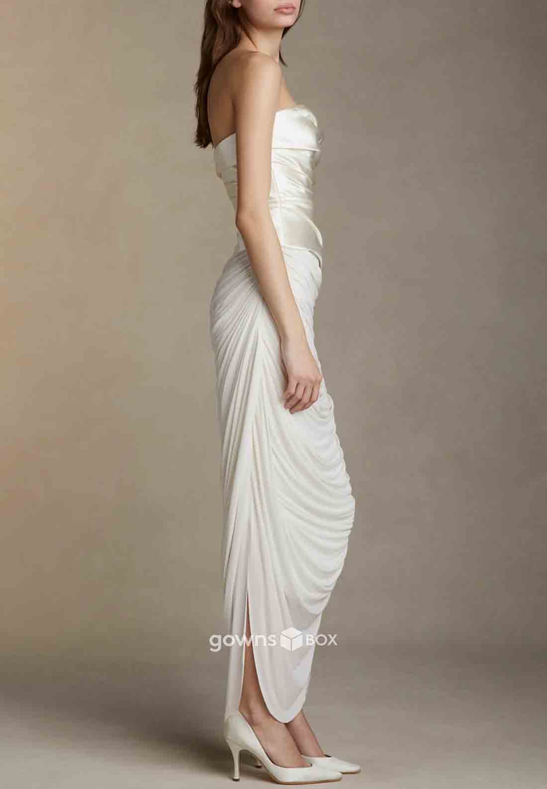 Satin Strapless Pleated Sleeveless Ankle-Length Ruched Sheath Wedding Dresses-GownsBox