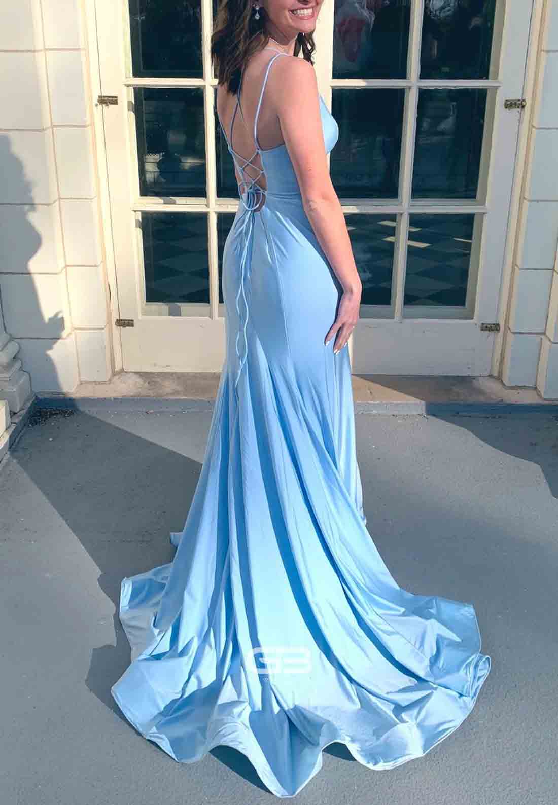 Double Spaghetti Straps Blue Tie Back V-Neck Satin Mermaid Long Dress 