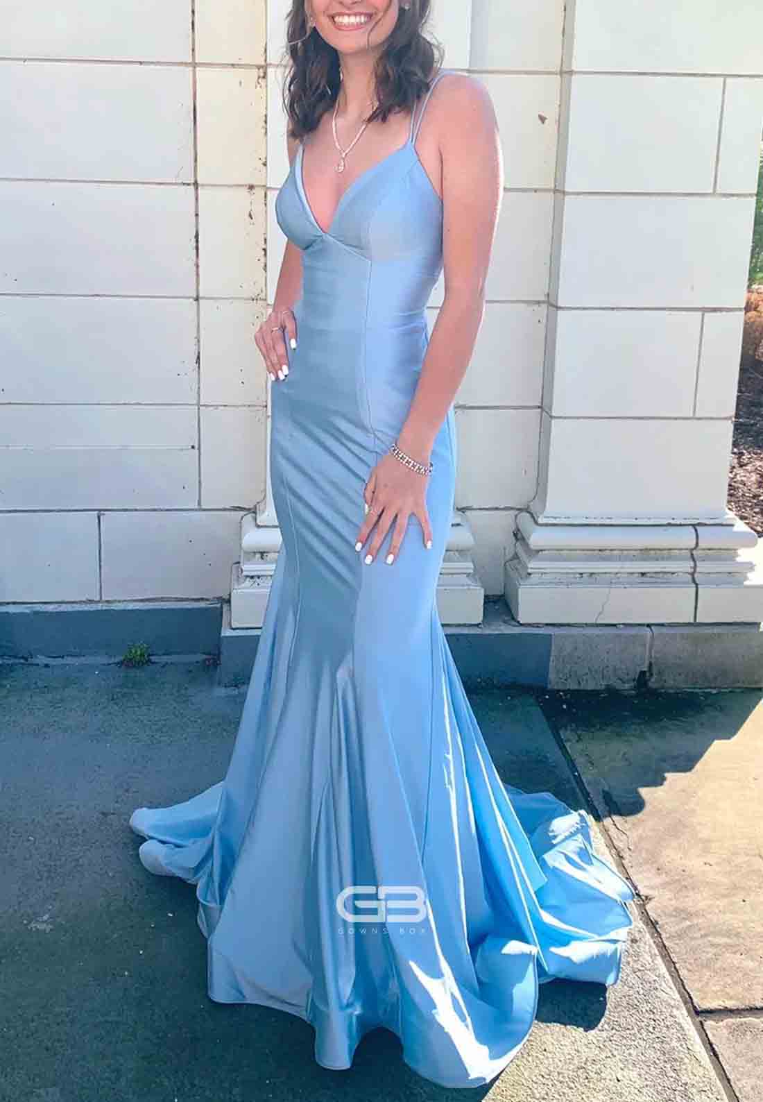 Tie Shoulder Blue Tiered Long Prom Dress with Tassels