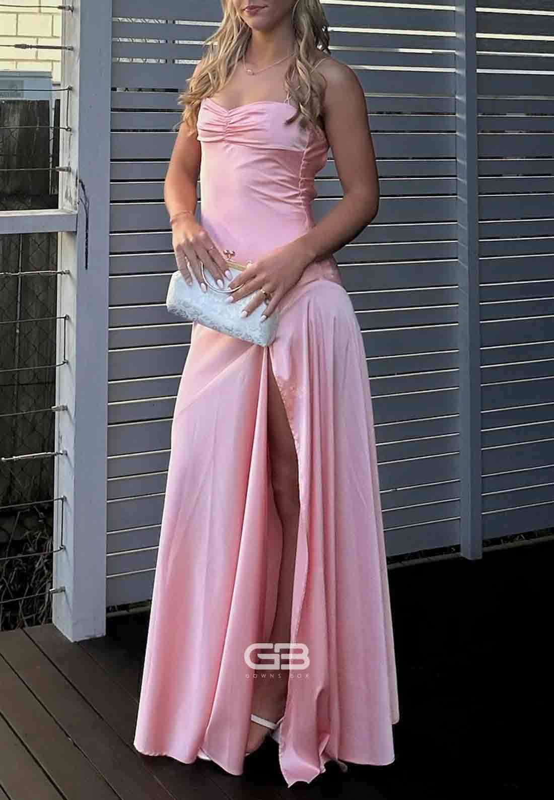 Straps Light Pink Long Dress with High Slit
