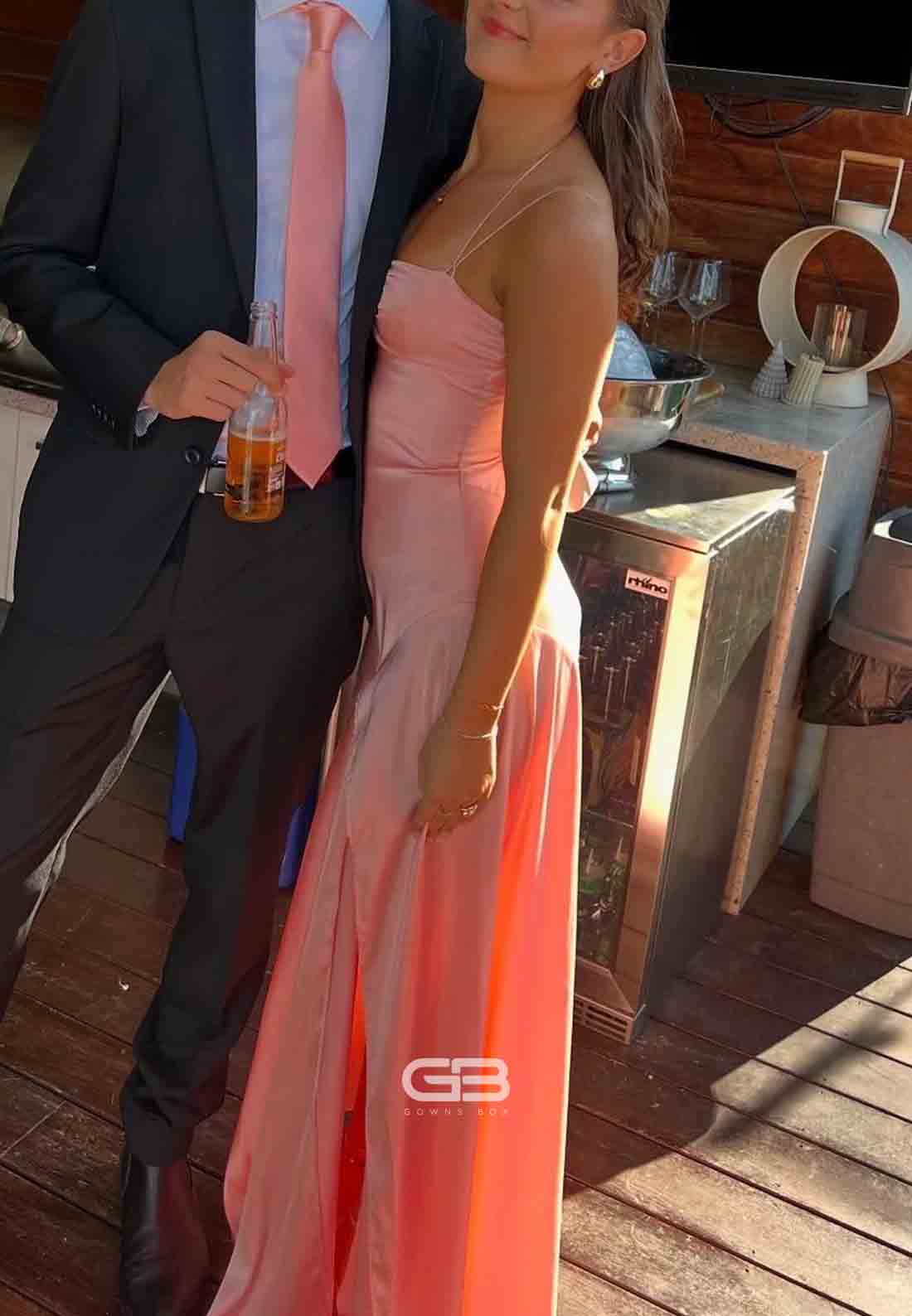 Straps Light Pink Long Dress with High Slit