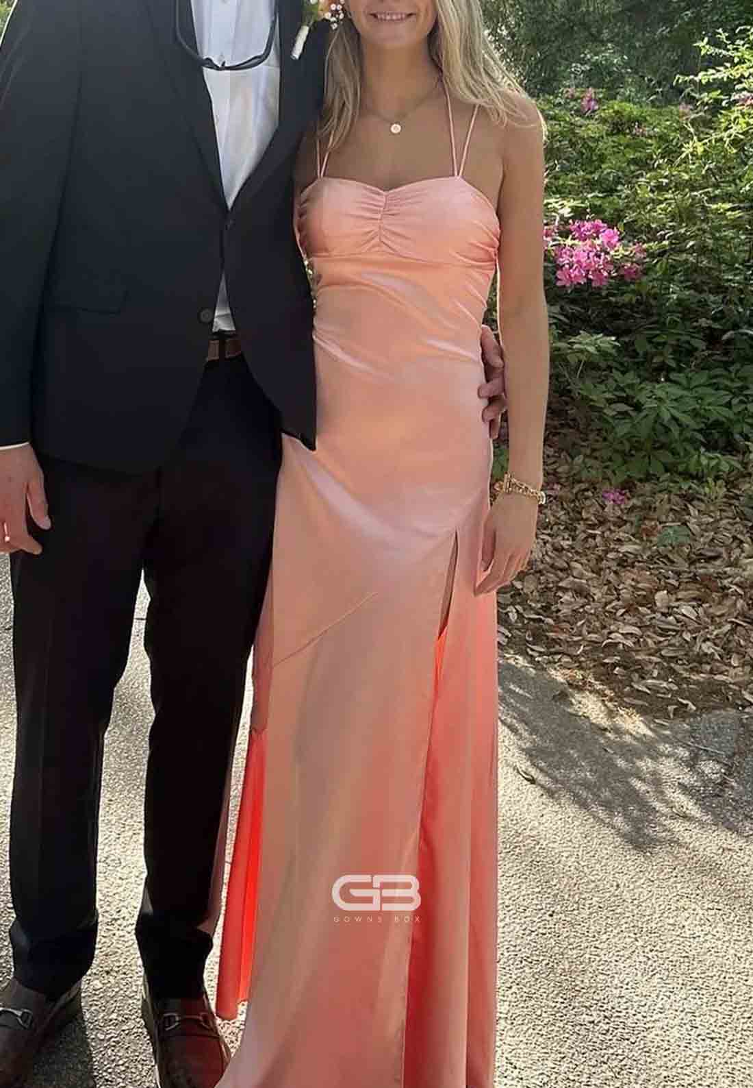 Straps Light Pink Long Dress with High Slit